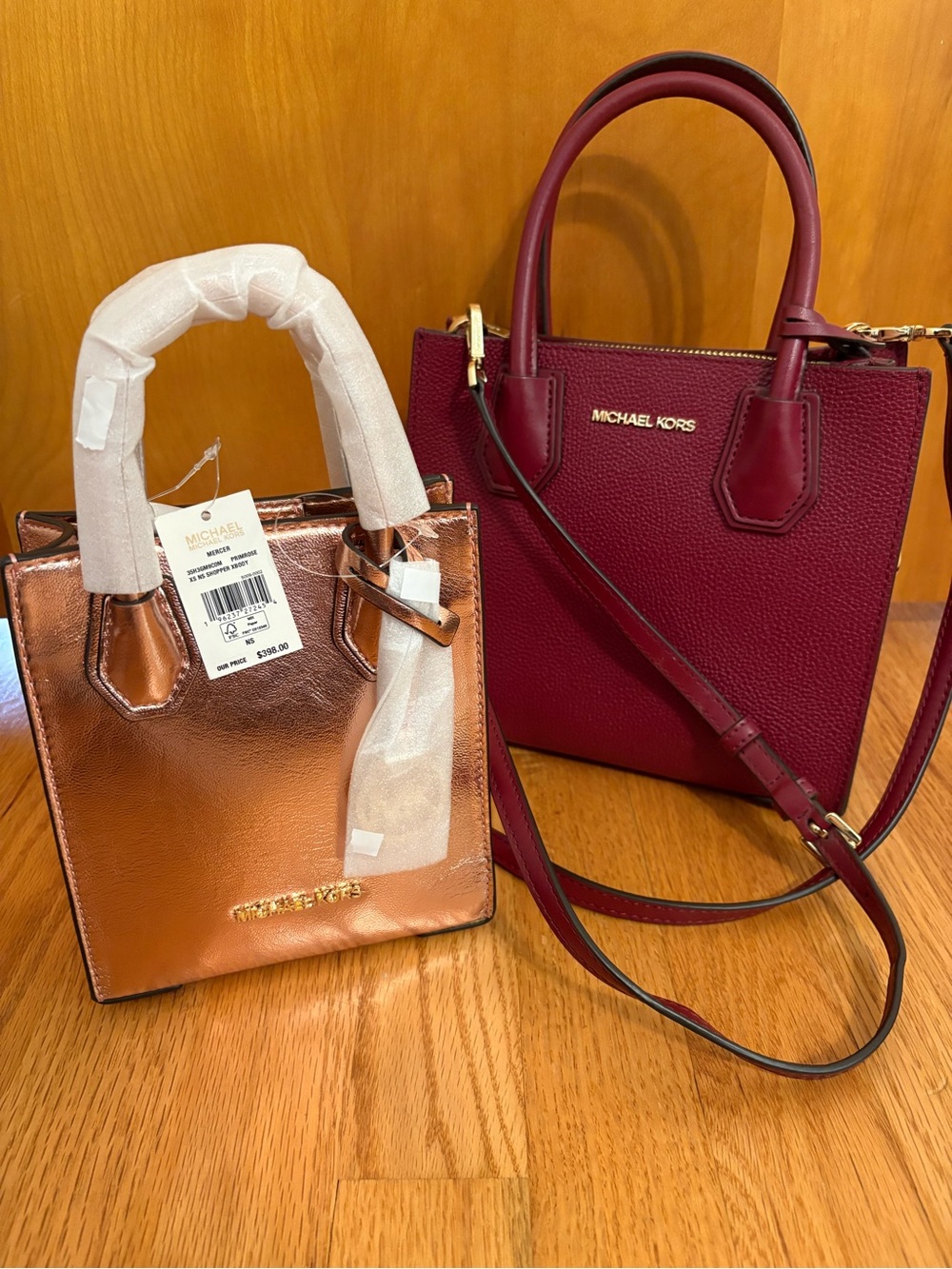 NWT Michael Kors XS Rose Gold Metallic & NWOT Burgundy Crossbody Set